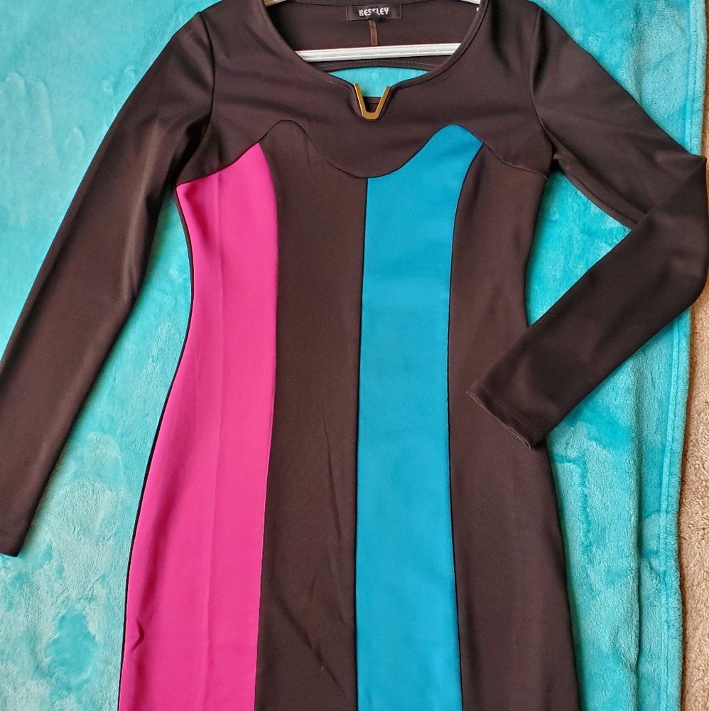 Long Sleeves Pink, Black,  Green Color Block Dress